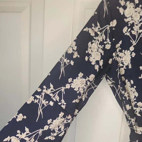 Navy Dark Blue Floral Flirty Faux Wrap Fabric Belt Long Sleeve Dress Size M - Picture 3 of 11